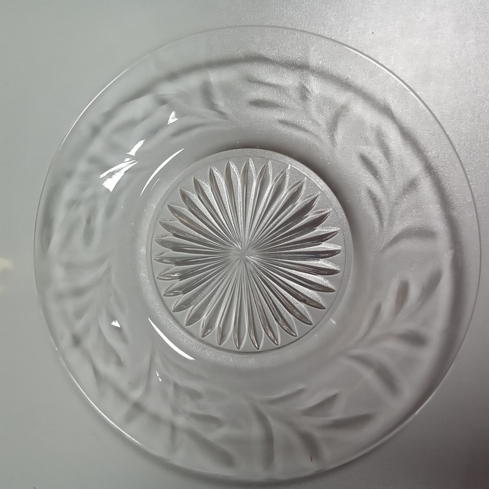 Vintage Clear Pressed Glass‎ 8 Inch Salad Plate Frosted Leaf Sunburst Design